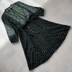 美品【Aライン】ローラアシュレイ 13号 ベルト付 膝下丈ワンピース　リーフ柄