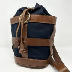 希少 フェリージ 巾着 ショルダーバッグ キャンバス レザー タッセル 紺 茶のサムネイル
