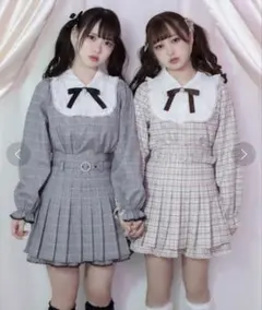 Honey Cinnamon チェック柄スカートセットアップ グレー