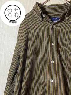 SALE中‼️ 総柄　ストライプ　ブラウン　オールコットン　ボタンダウンシャツ　L