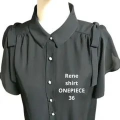 Reneパールボタン 肩リボンフレア半袖ポリシャツワンピース ブラック9号ペチ付 Reneパールボタン 肩リボンフレア半袖ポリシャツワンピース ブラック9