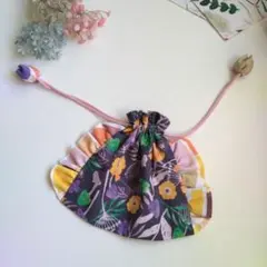 ハンドメイド花柄フリル巾着袋