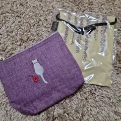 【未使用】和柄　猫　ミニポーチ　ミニ巾着　2点セット