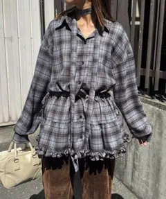 ボウタイ付き裾ティアードチェックシャツワンピース