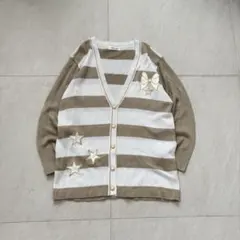 カーディガン ボーダー Vネック ベージュ ホワイト 刺繍 ガーリー フェミニン