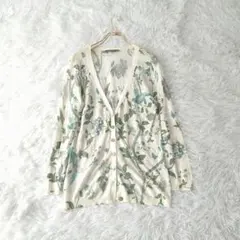 美品ローラアシュレイ 麻ボタニカル柄花柄薄手カーディガン Sシェルボタンのサムネイル