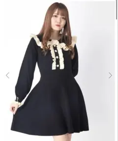 Ank Rouge フリルカラーフレアニットワンピース OP ブラック