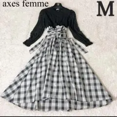20 アクシーズファム ロングワンピース 異素材 チェック 刺繍 ベルト 黒 M