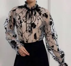 花柄刺繍シースルーブラウス　花柄刺繍シースルーブラウス 長袖　メッシュ　透け感