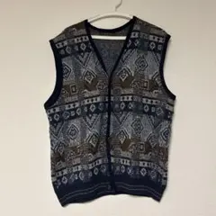 幾何学模様 ニットベスト ネイビー系