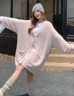 DAZY 女性用Vネック長袖オーバーサイズカジュアルカーディガン　ピンク