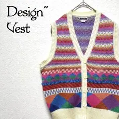 デザイン　ベスト　ジレ　レトロ　総柄　古着　カラフル　Mariea Kim