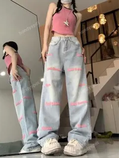 SHEIN シーイン　デニム　ジーンズ　文字グラフィック　ワイドレッグ　Y2K