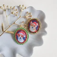 選べる☆サンタ帽のコーギーとジャックラッセルのビーズ刺繍ブローチ