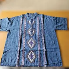 ネイティブ柄 刺繍 半袖シャツ ブルーのサムネイル