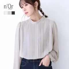 n'OrLABELピンタックレースブラウス　ブラック　　LL〜3L 長袖