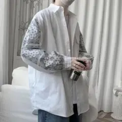 5.   ペイズリー柄 長袖 オーバーサイズ シャツ メンズ ホワイト