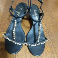 CHANEL ブラック ビーズ装飾 サンダル
