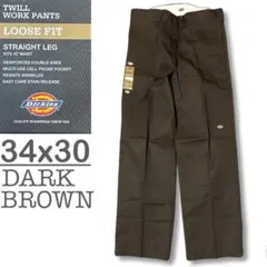 新品 34x30 ダークブラウン DICKIES ダブルニー LOOSE FIT