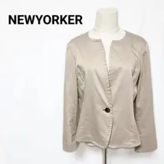 NEWYORKER 大きいサイズ15号 ノーカラージャケット 麻混 ベージュ