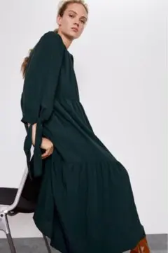 ZARA　 ティアード　ワンピース　リボン付き　グリーン
