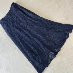 ROPE ロペ　フレアロングスカート　総レース　ウエストゴム　ネイビー　38