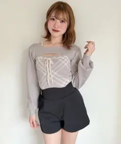 NOMAE チェックリボンショートレイヤードニット　グレーのサムネイル