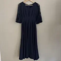 【匿名配送】ネイビー Vネック レーススリーブドレス　Mサイズ　結婚式　お呼ばれ