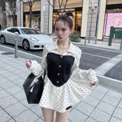 【限定価格】elmyuドット柄襟デザインペプラムトップス Sブラウス春服ガーリー