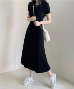 gram ブラック 半袖ロングワンピース