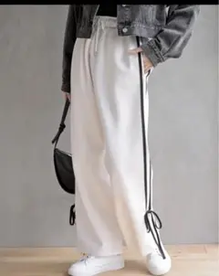 シンプル ホワイト トラック パンツ 黒リボン 長ズボン