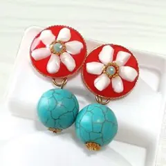 レジン　ピアス　パーツ　イヤリング　ターコイズ　レッド　ゴールド