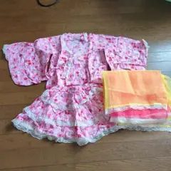 YukataDress　ゆかたドレス120（花柄）＆帯２本（ピンク＆イエロー）