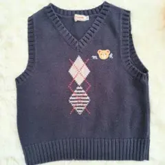 ミキハウス 110 ニットベスト ネイビー アーガイル クマ ワッペン 綿100