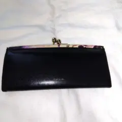 (美品)ポールスミスダークネイビーブラック紫フラワー柄ゴールドがま口長財布
