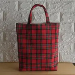 タータンチェック柄【赤】縦長トートバッグ　✻ハンドメイド✻