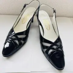 【美品】銀座ヨシノヤ　黒 ストラップ付き ハイヒールパンプス　23.5 E2