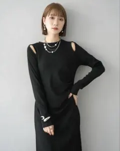 【新品】ウエストタックショルダーデザインカットリブワンピース黒　lumier