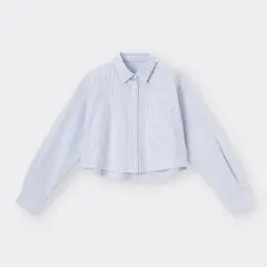 GU ジーユー　オックスフォードショートシャツ　長袖　ストライプ　ブルー　L