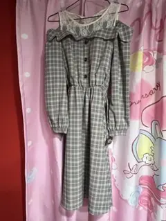 INGNI チェック柄レース襟長袖ワンピース