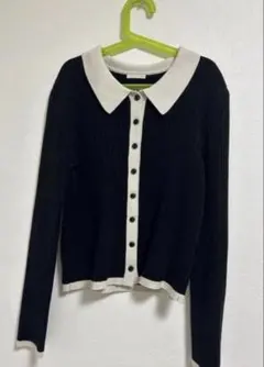 リブ編み 襟付き 長袖ニット　春服　黒