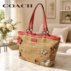 COACH コーチ かごバッグ ストローバッグ フラワーモチーフ レッド トート