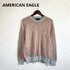 AMERICAN EAGLE コットンボーダーニット ロゴ刺繍 オレンジグレーM