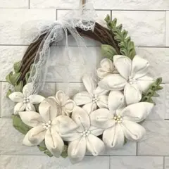 【値下品】つまみ細工リース　#ホワイトフラワー# フラワーリース　花　シルク