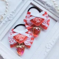 (305) いちご ギンガムチェック リボン ヘアゴム♡ ハンドメイド 赤