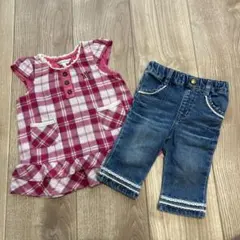 3can4on kids チェック柄チュニック＆デニムパンツセット