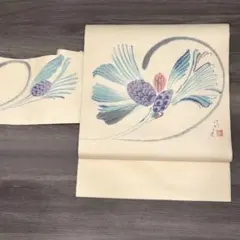 美品 正絹 夏絽 名古屋帯 未使用 深い藍色に咲く撫子 露草の風情を