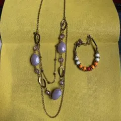 ラベンダーゴールドネックレスとビーズブレスレットセット