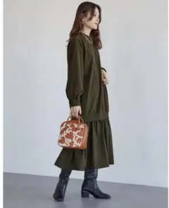 chocol raffine robe カットソードッキングワンピース　カーキ色