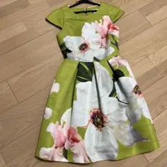 【希少レア】TED BAKER 花柄Aライン半袖ひざ丈ワンピース 緑色